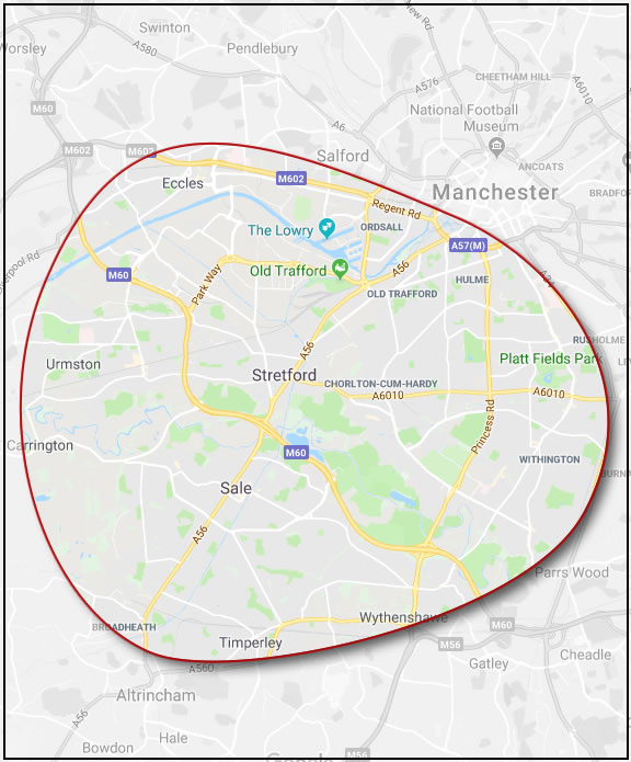 Map showing Sara CK Decorator areas covered : South & West Manchester: Stretford, Eccles, Altrincham, Sale, Chorlton-cum-Hardy and Withington.
